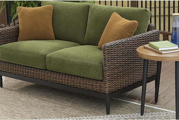 Signature Design by Ashley Horizon Hall Vintage Outdoor Nuvella Weather Resistant Fabric, Resin Wicker Loveseat with Cushion and 2 Accent Pillows, Green & Dark Brown