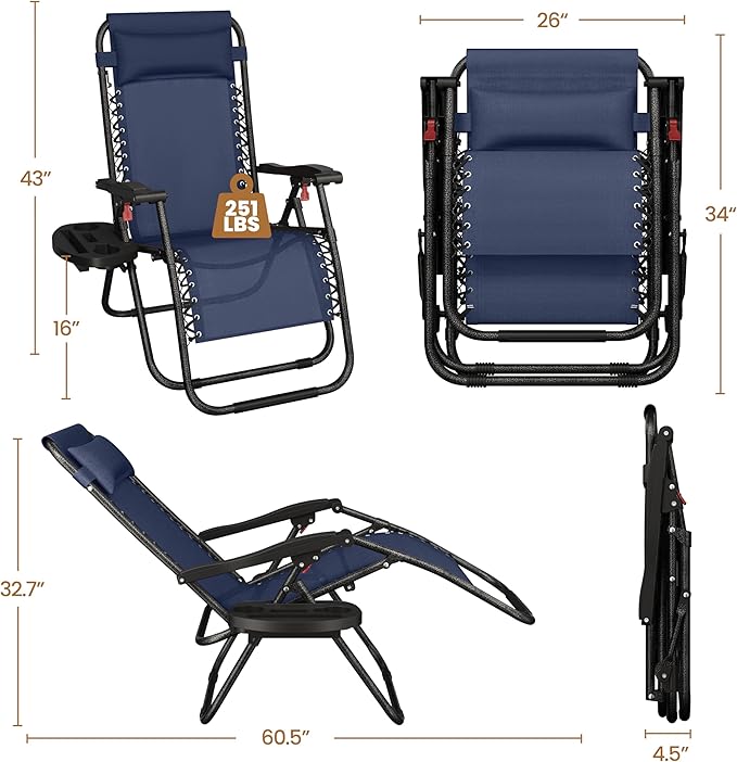 Yaheetech Zero Gravity Recliners Outdoor Adjustable Folding Reclining Lounge Chairs w/Pillows, Cup Holder Trays and Carry Strap for Patio Backyard Beach Navy Blue Set of 2