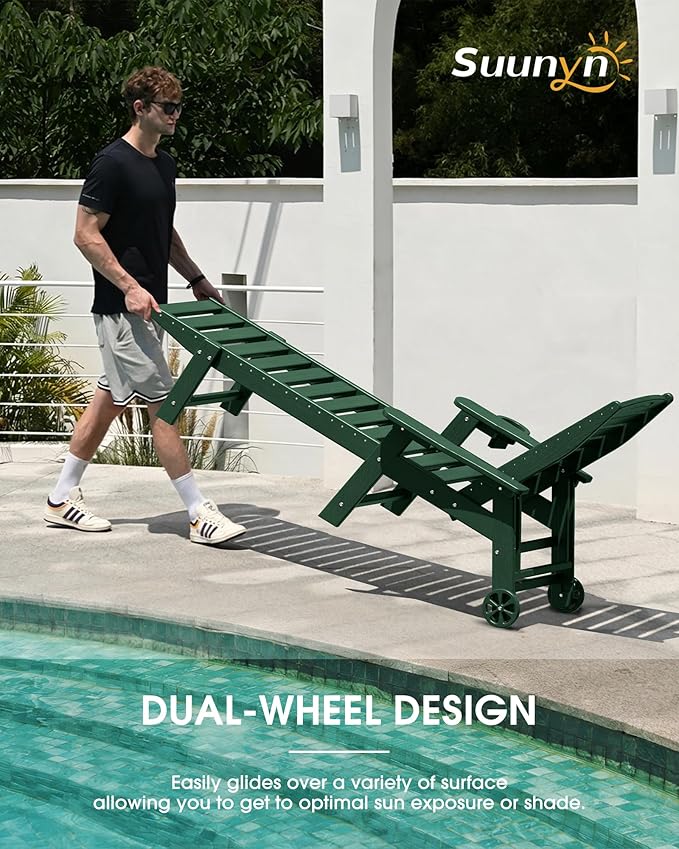 Chaise Lounge Outdoor, Lounge Chair Outdoor with Wood Texture, Adjustable 5-Position Backrest, HDPE Lounge Chair with Wheels & Cup Holder for Pool Deck Backyard, Green