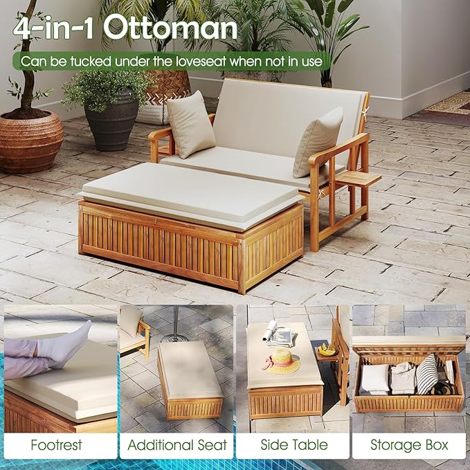 Tangkula Outdoor Acacia Wood Daybed with Storage Ottoman, Wood Patio Loveseat Sofa with 4-Level Backrest & Removable Cushions, 2 Folding Side Tables, Patio Recliner Lounger for Poolside, Backyard