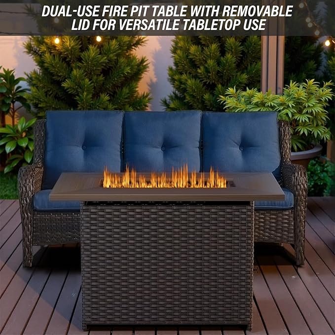 Belord Outdoor Sectional Sofa with 41" Propane Fire Pit Table - 9 Piece Patio Conversation Set with Storage Box and Swivel Rocker Chairs All-Weather PE Wicker Furniture Set Brown