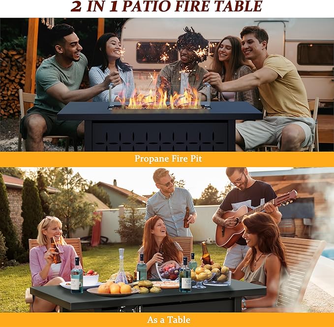 Vongrasig 7 Piece Patio Furniture Set with Gas Fire Pit Table, Outdoor Conversation Sets Wicker Rattan Sectional Sofa with Coffee Table, 43” Propane Gas Firepit Table with Lid, Beige