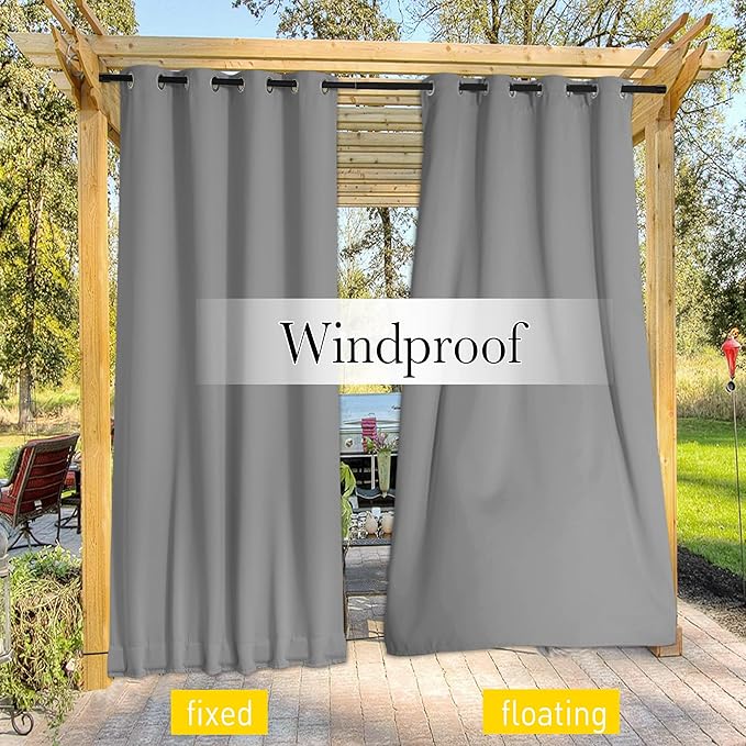 NICETOWN 2 Panels Waterproof Outdoor Curtains Fixed Grommet & Back Tab on Top & Bottom, Thermal Insulated Keep Rain & Sun Out Blackout Windpoorf Outdoor Draperies with Rope, W52 by L84, Silver Grey