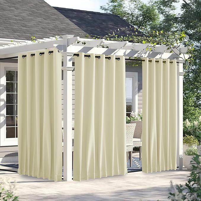 NICETOWN 2 Panels Outdoor Curtains for Patio Waterproof & Windproof, Thermal Insulated Top & Bottom Grommet & Back Tab Sun Blocking Outdoor Drapes with Fixed Rope for Gazebo, Beige, W66 x L90