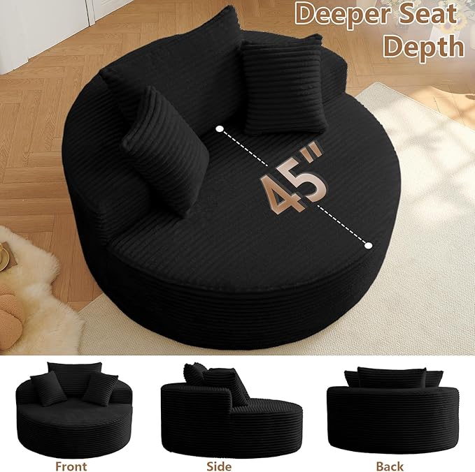 Oversized Round Chair Lounge Chaise Indoor, Upholstered Corduroy Deep Seat Cloud Large Circle Sofa Chair, No Assembly Required, Fluffy Modern Sleeper Sofa Bed for Reading, Living Room, Bedroom, Black