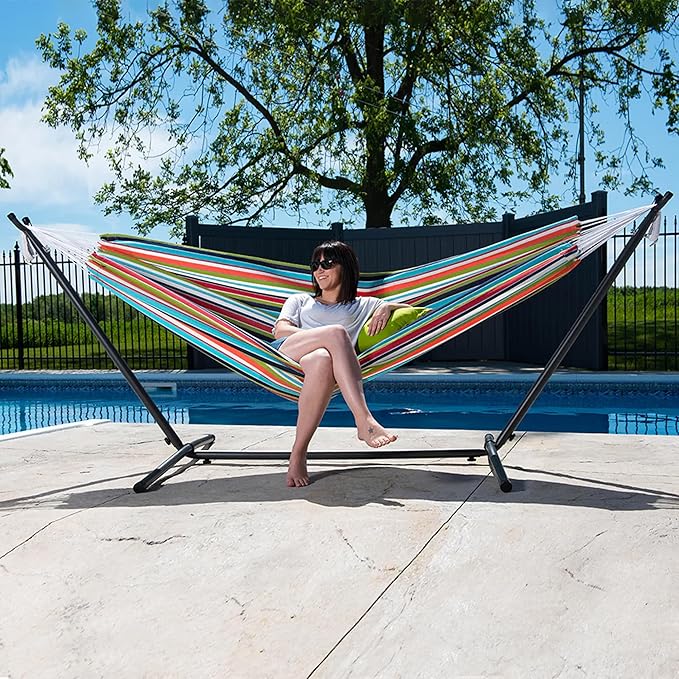 Vivere Double Sunbrella Hammock with Space-Saving Steel Stand, Heavy-Duty Portable Outdoor Hammock Set for Backyard, Patio, or Travel, Confetti