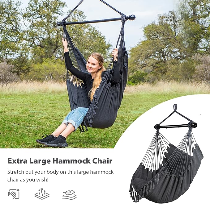 SUNCREAT Hammock Chairs Hammock Chair Swing with Steel Support Bar, Side Pocket, Large Swing Chair for Bedroom, Patio, Garden, Dark Gray