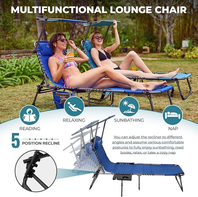 FUNDANGO 4 in 1 Tanning Chair with Face Hole, Beach Lounge Chair w/Canopy Shade & Side Table Chaise Lounge Chairs for Patio, Pool, Lawn, Sunbathing, 5-Position Adjustable Sun Lounger, Blue