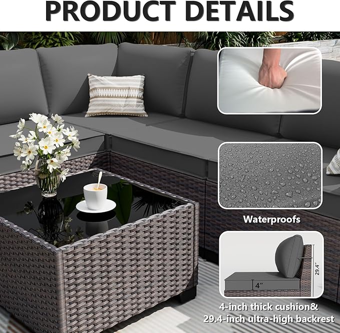 ALAULM 6 Pieces Patio Furniture Set, Oversized Seat/Armrest and High Back Wicker Sectional Furniture Set with Thick Cushion for Backyard, Garden, Grey