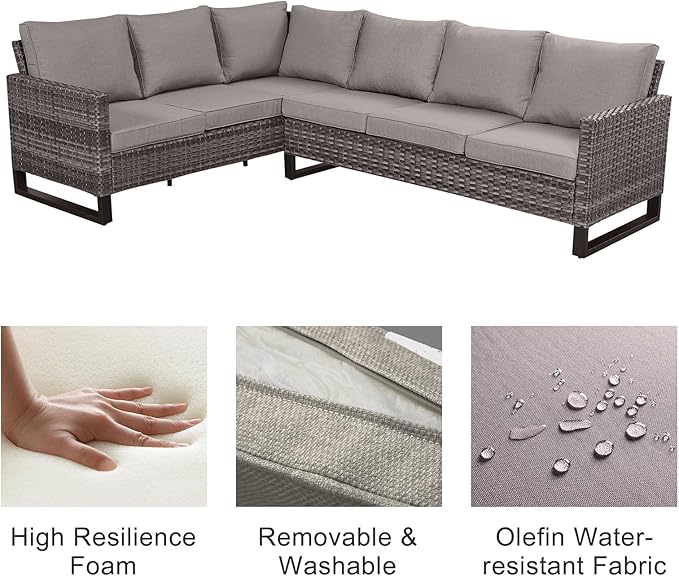 Belord Outdoor Sectional Sofa 6 Seater L Shaped Couch Wicker Patio Conversation Furniture Set Rattan Outdoor Furniture with Removable Washable Cushion Grey