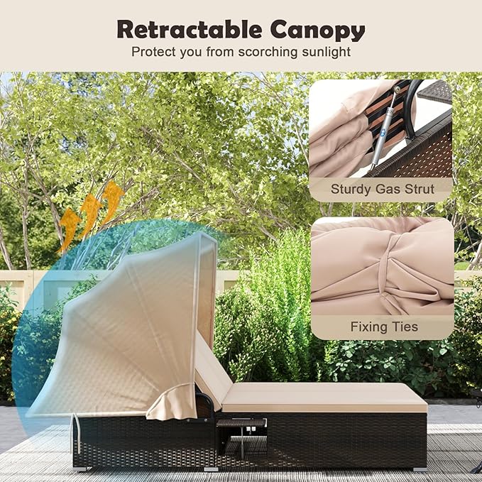 Tangkula Outdoor Rattan Daybed with Canopy & 6-Level Adjustable Backrests, 2-Person Wicker Recliner Bed with Cushions & Folding Side Trays, Double Sunbed Lounger for Balcony, Backyard & Poolside