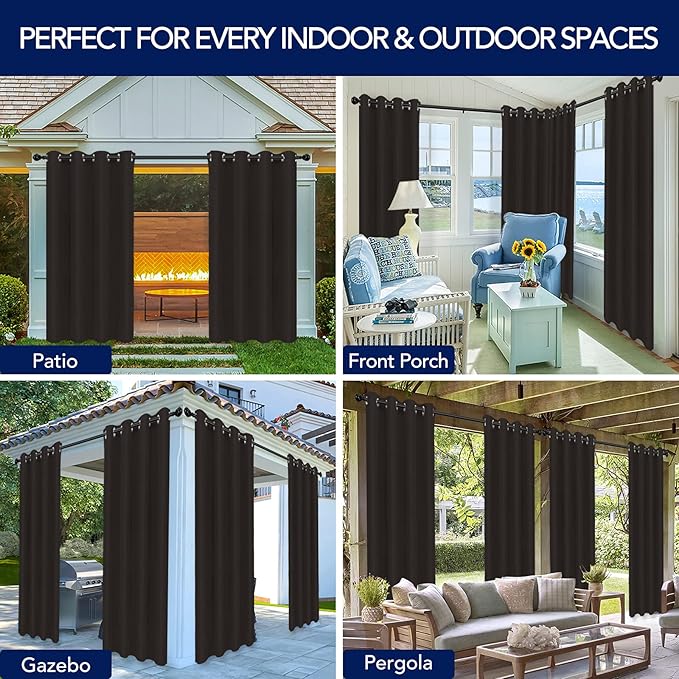 PureFit Outdoor Curtains for Patio Waterproof Weatherproof, UV and Fade Resistant Outside Curtains for Gazebo, Front Porch, Pergola, Sun Blocking Privacy Curtain, 52W x 108L inch, 1 Panel, Chocolate