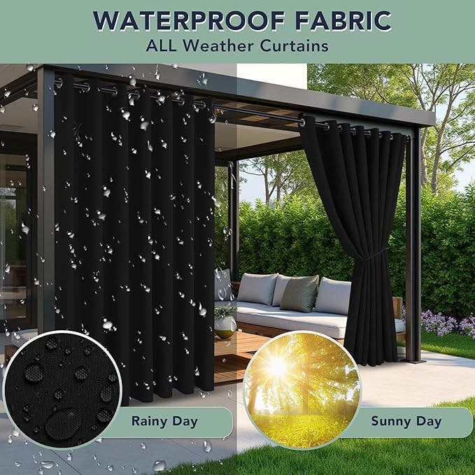 Black Outdoor Curtains for Patio Waterproof - 8 Panels Privacy Weatherproof Outside Curtains with Grommets for Pergola, Gazebo, Porch, Cabana, Balcony, 54 x 84 Inch