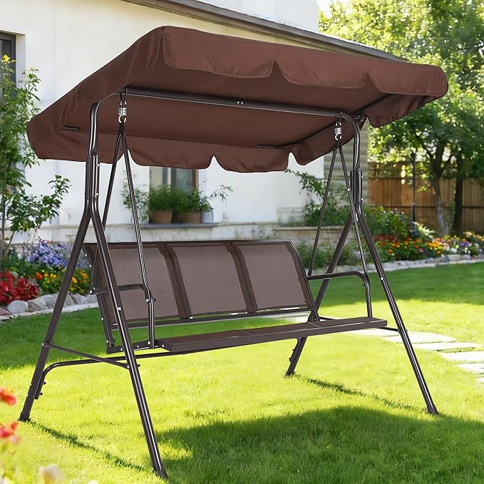 Porch Swing with Adjustable Canopy for Adults 3-Seat Outdoor Waterproof Textilene & Steel Frame Patio Swing Bench for Backyard Lawn Garden Brown
