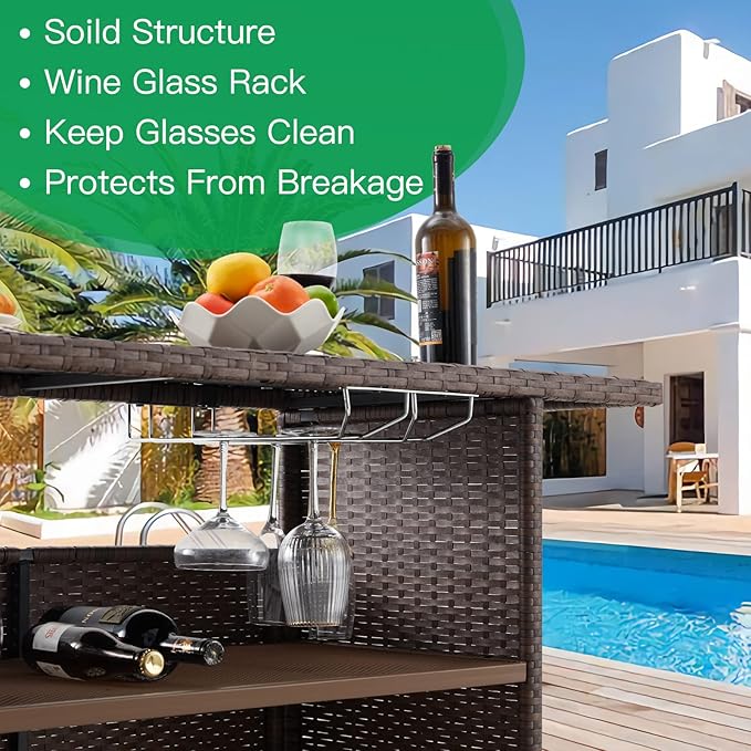 ECOTOUGE Patio Wicker Bar Table, Outdoor Rattan Counter Table with Steel Storage Shelves & Wine Rack for Party, Picnic (Brown)