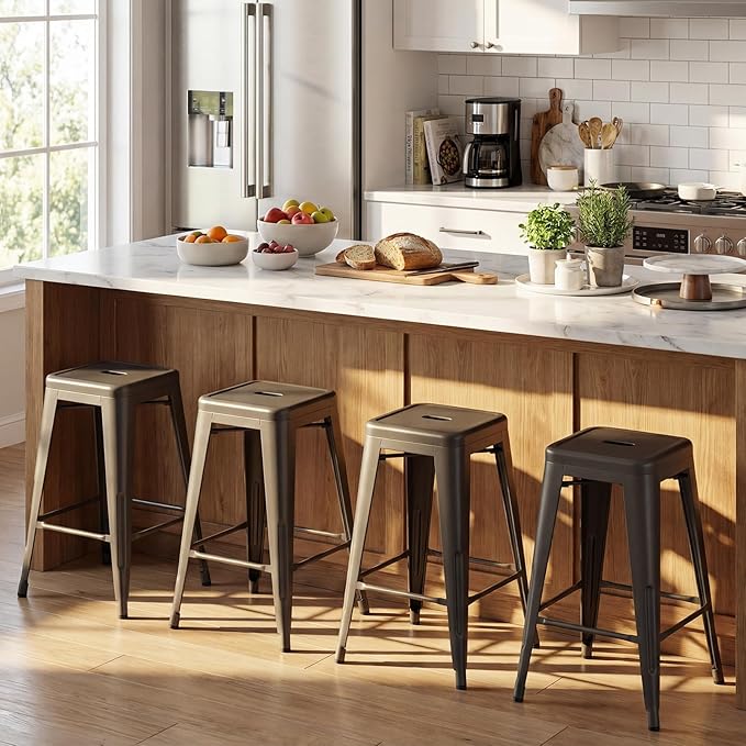 COSTWAY 24'' Metal Bar stools Set of 4, with Removable Back, Counter Height Stools with Rubber Feet, Stylish and Modern Chairs, for Kitchen, Dining Rooms, and Side Bar (Gun-Update, 24'')