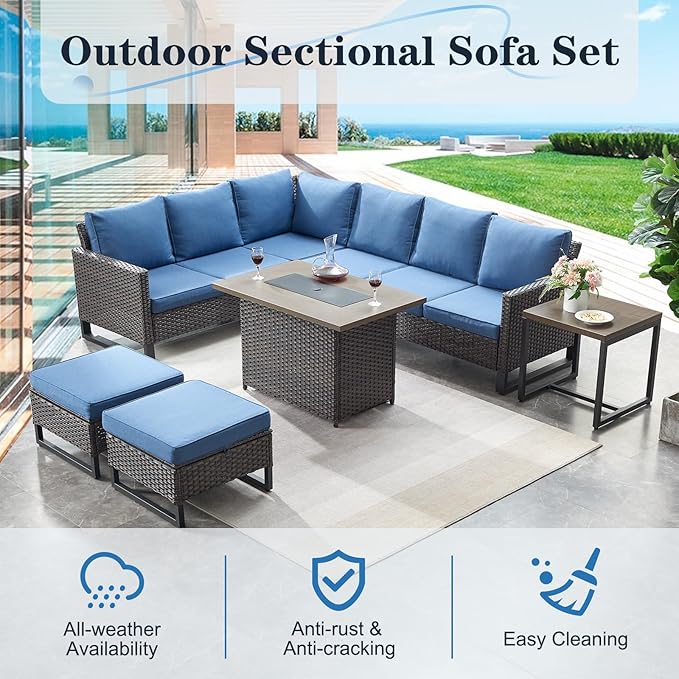 Belord Outdoor Sectional Sofa 6 Seater L Shaped Couch Wicker Patio Conversation Furniture Set Rattan Outdoor Furniture with Removable Washable Cushion, Brown/Blue