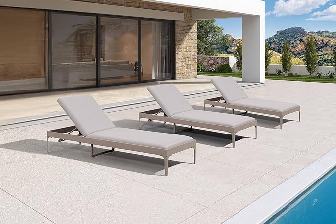 PURPLE LEAF Outdoor Chaise Lounge Set of 3 Aluminum Adjustable Patio Lounger Chairs with Cushions Reclining Beach Daybed for Poolside Balcony Deck Backyard, Champagne