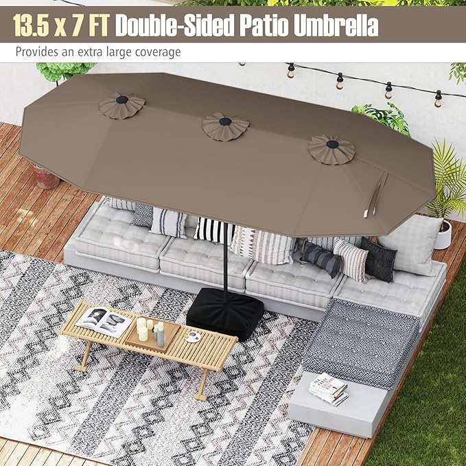 Tangkula 9 Piece Rattan Outdoor Dining Set with 13Ft Umbrella for 6, Outdoor Wicker Table Set with 6 Cushioned Armchairs, Acacia Wood Top, Outdoor Umbrella & with Base Included
