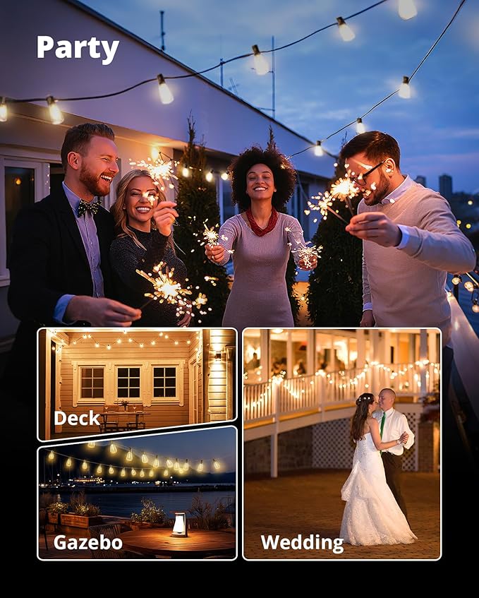 VIPAR Outdoor String Lights 60FT LED Patio Lights LED Waterproof with 26+2 Shatterproof ST38 Edison Bulbs, 2700K Connectable Outside Hanging Light for Porch, Garden, Backyard, Deck, Balcony, Decor