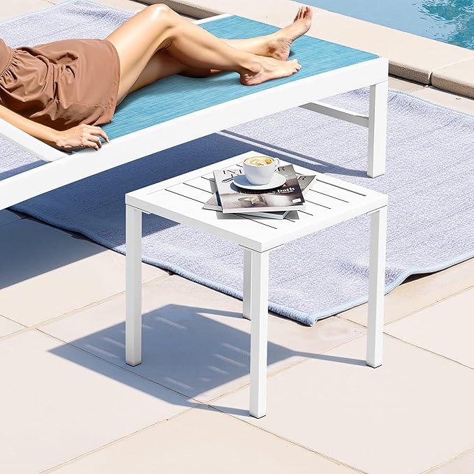 Crestlive Products Aluminum Outdoor Side Table, Pool Lounge Chair Side Table, Weather Resistant Small Square Coffee End Table for Patio, Yard, Garden, Porch, Deck, Indoor, Outdoor (White)