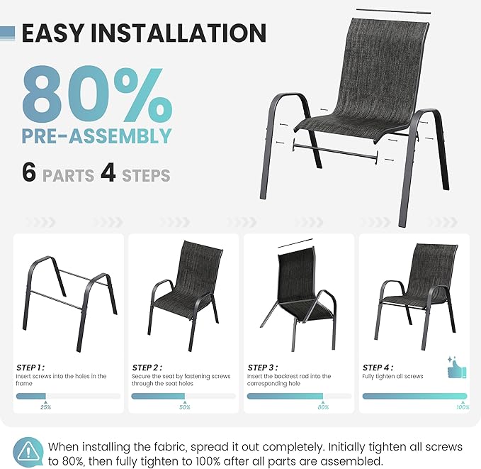 Patio Dining Chairs Set of 4, Stackable Dining Chairs High Back, Breathable Seat Fabric and Alloy Steel Frame Fit Backyard, Porch, Lawn，Poolside (Dark Grey)