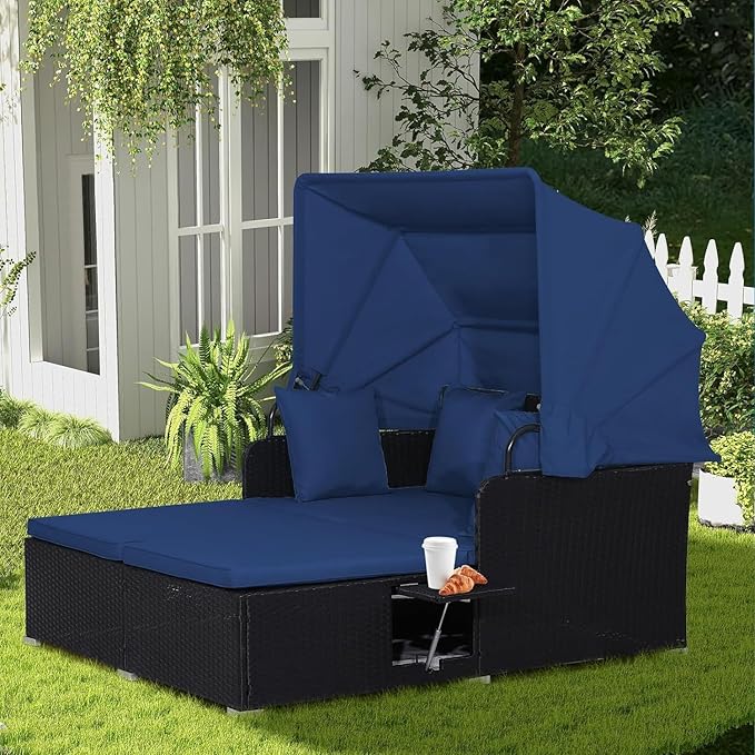 RELAX4LIFE Patio Outdoor Daybed with Canopy, Wicker Sunbed w/Cushions, 4 Pillows & 2 Retractable Side Trays, 2-Person Lounge Bed Conversation for Poolside Porch Garden, Rattan Outdoor Bed (Navy)