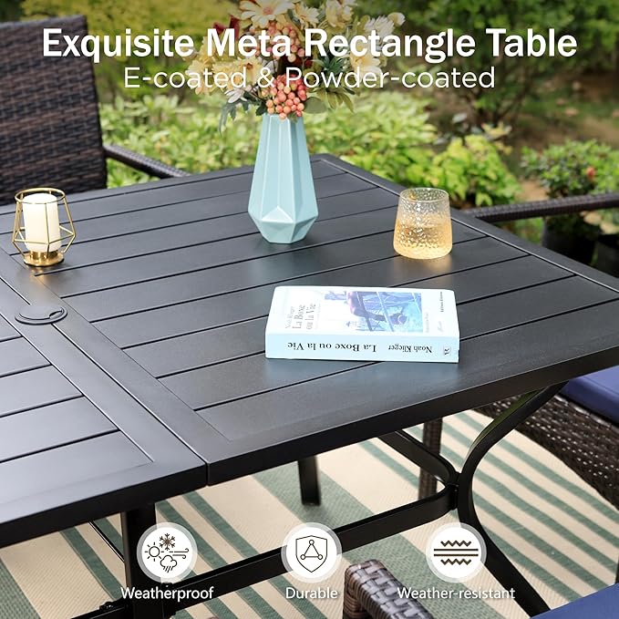PHI VILLA 7 Pieces Patio Dining Set with Umbrella for 6, 60” Large Metal Iron Dining Table & Cushioned Rattan Wicker Chairs & 13ft Red Umbrella for Patio, Deck, Yard, Porch