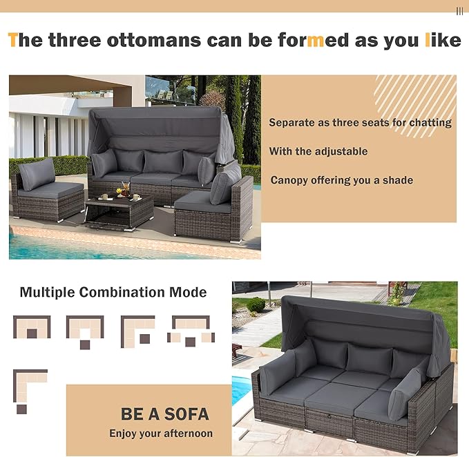 Vicluke 6 Pieces Patio Furniture Sets Outdoor Sectional Sofa Set Rattan Daybed with Retractable Canopy, Adjustable Backrest, Storable Tea Table Rectangle Sunbed for Backyard Garden Poolside(Grey)