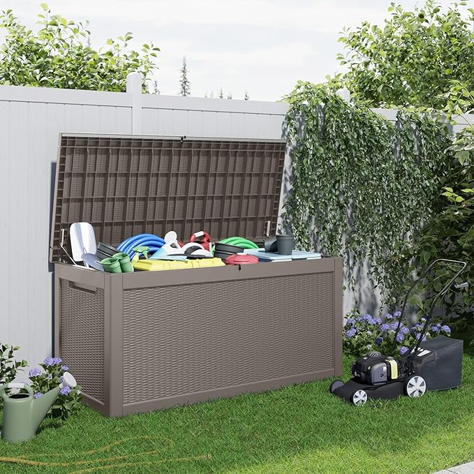 320 Gallon Resin Deck Box, Lockable Patio Outdoor Storage Box for Furniture, Garden Tools and Tools Storage, Waterproof Outside Storage Boxes - Grey