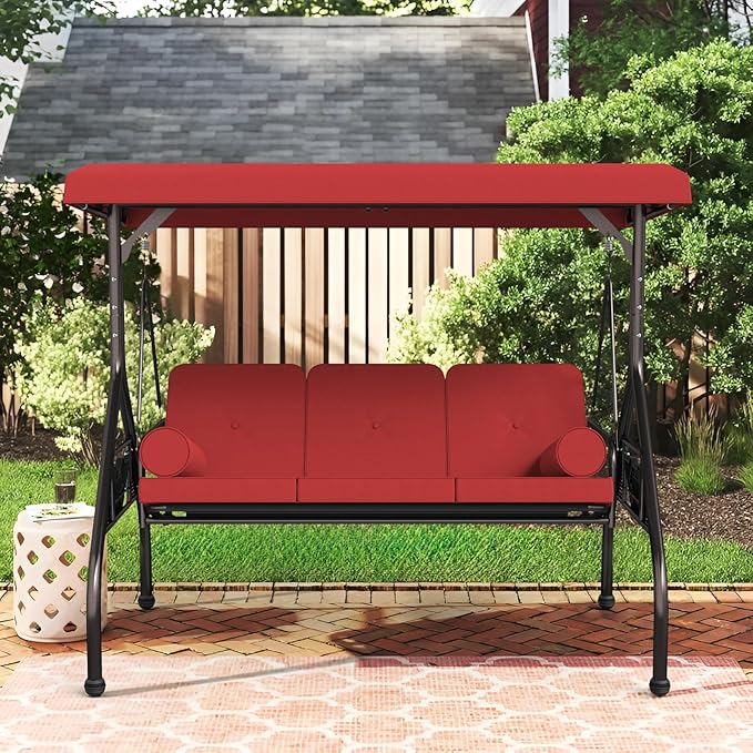Oakcloud 3-Seat Outdoor Porch Swing,Large Converting Swing Chair with Adjustable Canopy,Patio Swing Glider with Thicken Cushions & Pillows for Poolside Balcony Backyard (Red)