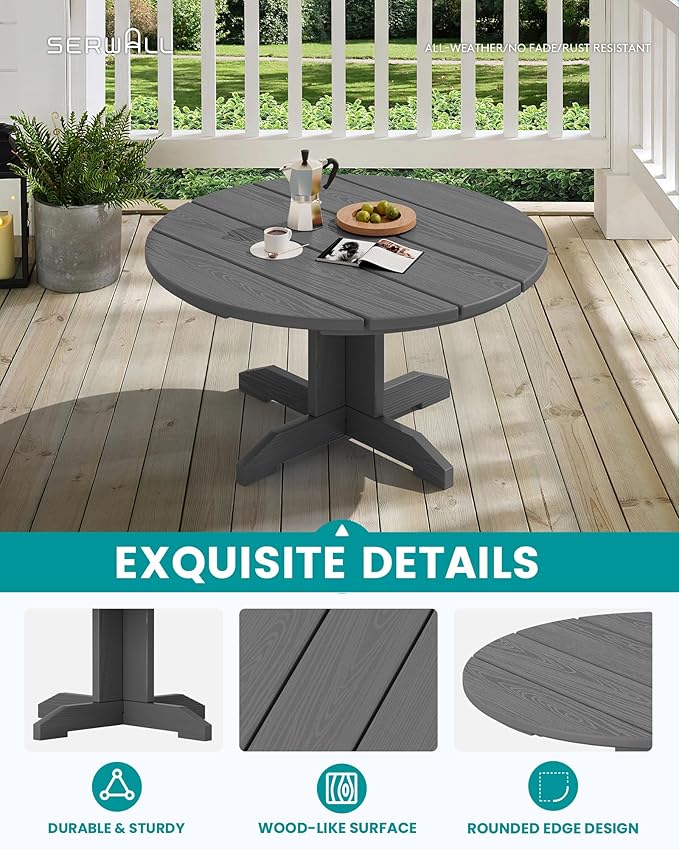 SERWALL 36'' Round Outdoor Coffee Table - HDPE Weatherproof Patio Table for Balcony, Garden, Backyard (Gray)