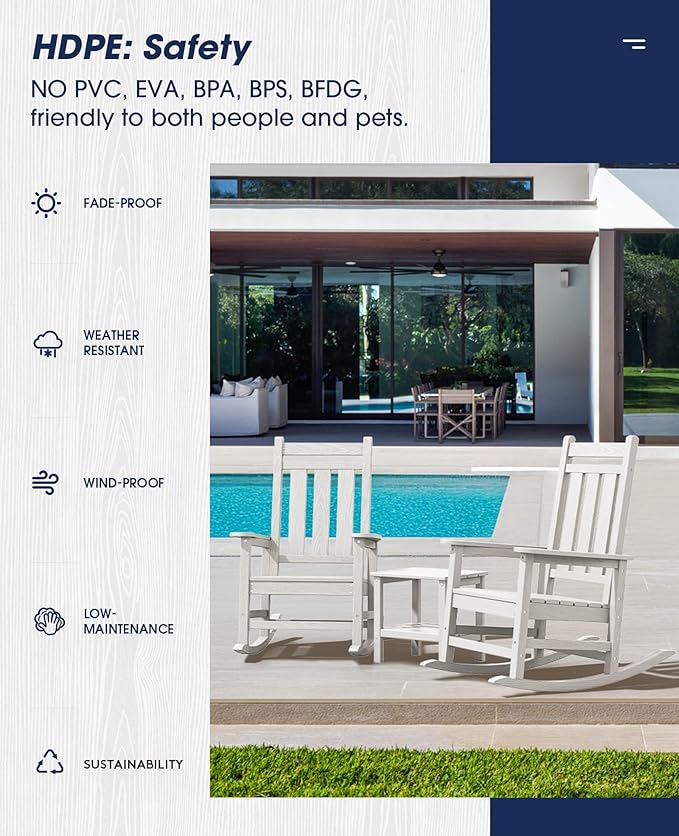 KINGYES Oversized Outdoor Rocking Chair Set of 8, All-Weather Patio Rocking Chairs for Porch, HDPE Outdoor Patio Rockers with High Back & Wide Seat for Garden, Lawn, White