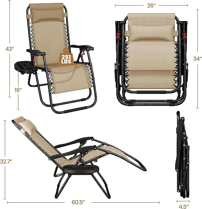 Yaheetech Zero Gravity Recliners Outdoor Adjustable Folding Reclining Lounge Chairs w/Pillows, Cup Holder Trays and Carry Strap for Patio Backyard Beach Beige Set of 2