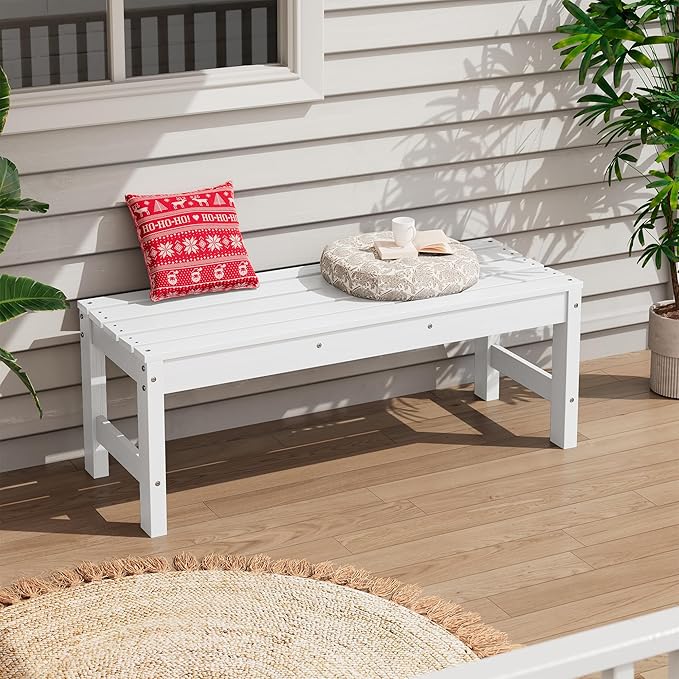 SERWALL 47 Inches Outdoor Bench, All Weather HDPE Backless Bench with Wood Grain Texture for Garden Porch and Park, Curved Bench Seat for Comfort, White