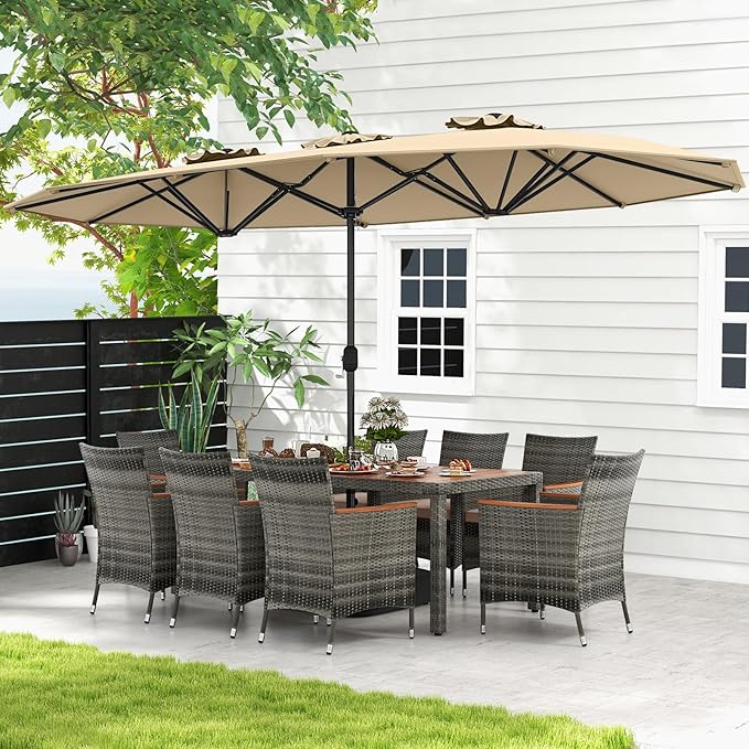 Tangkula 10 Pieces Patio Wicker Dining Set w/Double-Sided Patio Umbrella, Outdoor Acacia Wood Furniture Set w/ 8 Armchairs, 71” Dining Table & 15 ft Umbrella with Weighted Base (Beige)