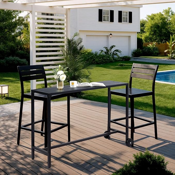 Outvita Outdoor Bar Table, 37" Height Wheeled Patio Pub Table with Waterproof Frame and Adjustable Foot for Hot Tub, Patio, Backyard, Balcony, Hallway, Bistro Rectangle, Black