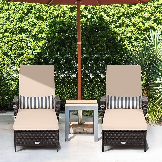 Tangkula Wicker Chaise Lounge Outdoor Set of 2, Patio Rattan Reclining Chaise with 6-Gear Adjustable Backrest, Thick Padded Cushion & Removable Lumbar Pillow, Pool Lounge Chairs for Outside Balcony