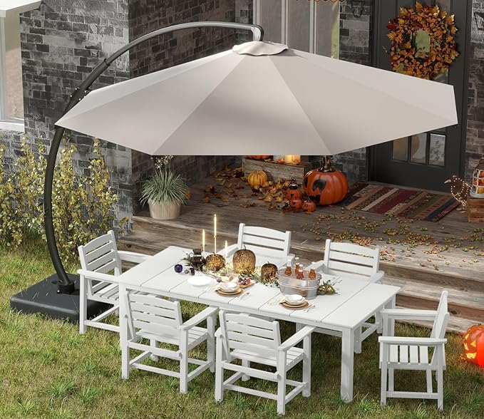 7-Piece White Outdoor Dining Set for 6, 75.2'' HDPE Table with Umbrella Hole & Chairs, Weather-Resistant Patio Furniture for Garden, Lawn, or Poolside