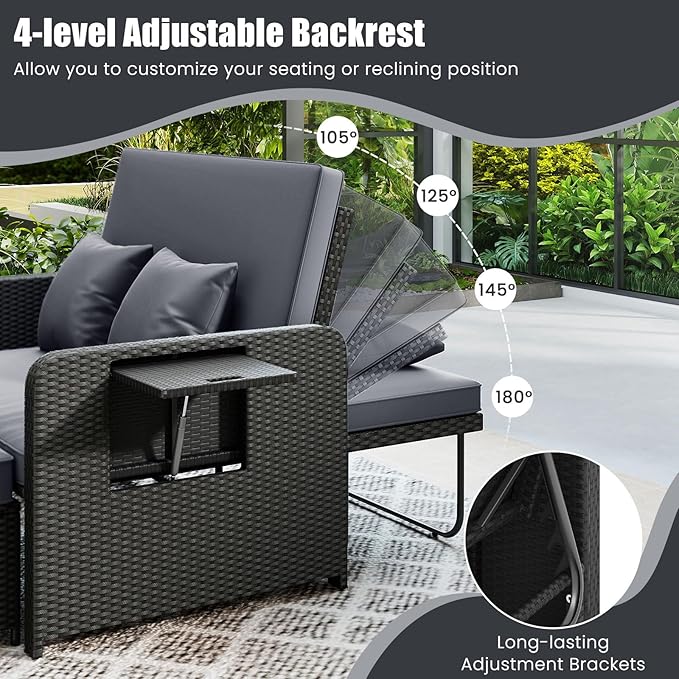 HAPPYGRILL Patio Rattan Wicker Daybed with Loveseat & Storage Ottoman, Outdoor Lounge Sofa Furniture Set with Adjustable Backrest & Side Trays, for Poolside Deck Porch Lawn (Black & Gray)