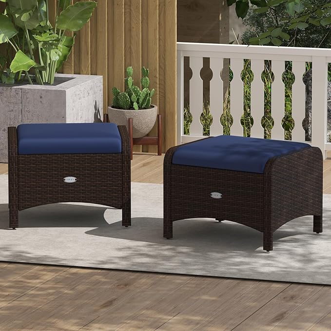RELAX4LIFE Wicker Outdoor Ottomans for Patio - Set of 2 Rattan Footstools w/Removable Cushions, Multipurpose Outside Foot Rest, Side Table & Additional Seating for Porch Garden Backyard (Navy)