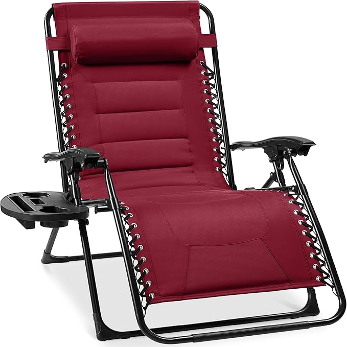 Best Choice Products Oversized Padded Zero Gravity Chair, Folding Outdoor Patio Recliner, XL Anti Gravity Lounger for Backyard w/Headrest, Cup Holder, Side Tray, Polyester Mesh - Burgundy