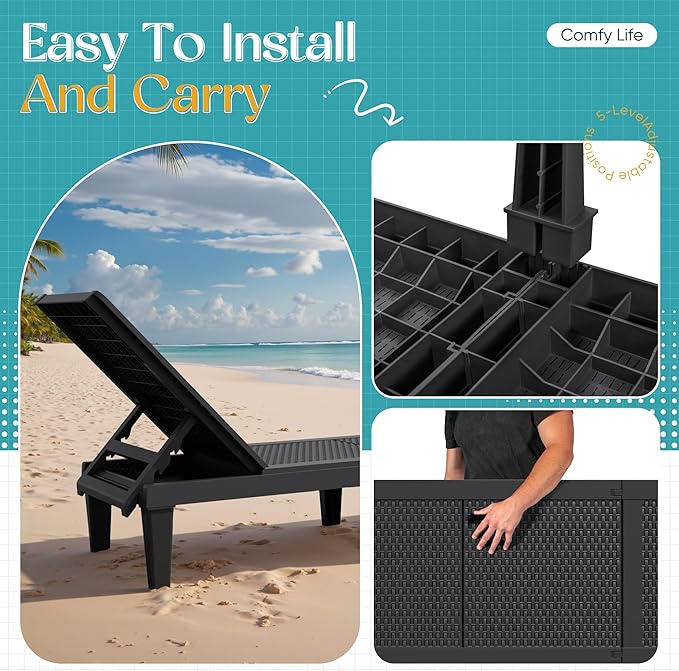 Greesum Outdoor Chaise Lounge Chairs Set of 2 with 5-Position Adjustable Backrest, Waterproof PP Sun Loungers for Garden Pool Beach Patio Deck Sunbathing, Black