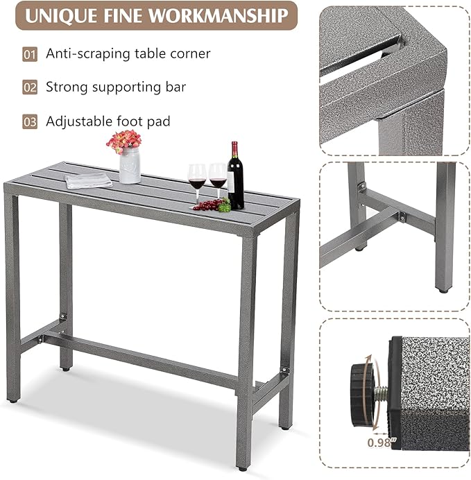 Outdoor Patio Counter Height Bar Table, 55" Rectangle for Patio, Garden, Yard, Balcony, Poolside (Gray)
