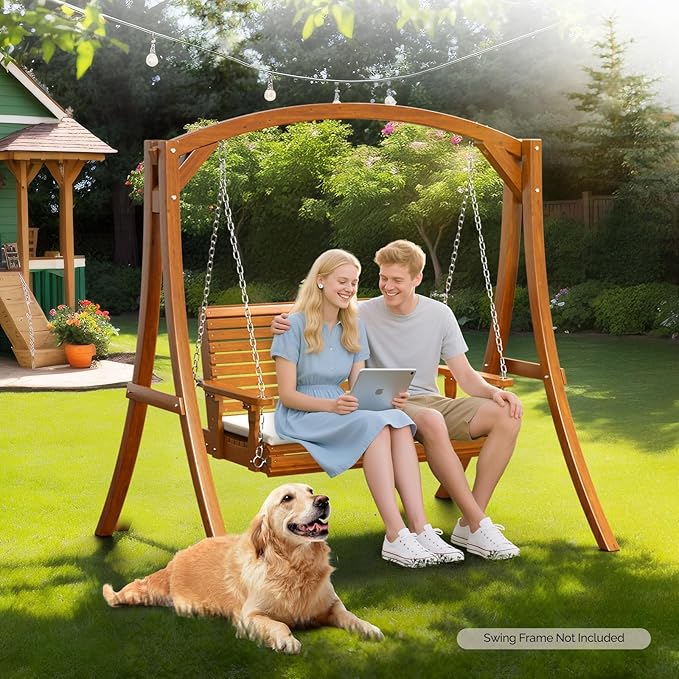 VINGLI Wooden Porch Swing, Heavy Duty 880 LBS Hanging Patio Bench with Extra Cushion for Lawn| Garden| Courtyard (Brown, 4 feet)