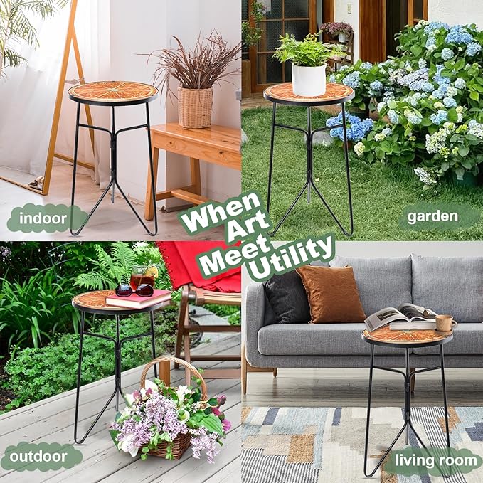 VCUTEKA Patio Side Table Outdoor Accent Table Bistro Coffee Tables Plant End Small Porch Tables Indoor Round Glass Balcony Plant Stands Orange 12''