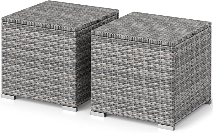RELAX4LIFE Wicker Outdoor Storage Ottoman - 2-Piece Rattan Footstool w/Removable Cushion, Multipurpose Footrest Foot Stool Seating, Set of 2 Outdoor Ottomans for Patio Deck (Mix Grey-Black)