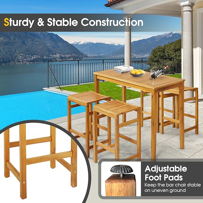 Tangkula 5 Piece Outdoor Acacia Wood Bar Table Set, 45" Rectangular High Top Table with 4 Saddle Seat Bar Height Stools, Space-Saving Patio Dining Set for 4, for Deck, Garden and Porch