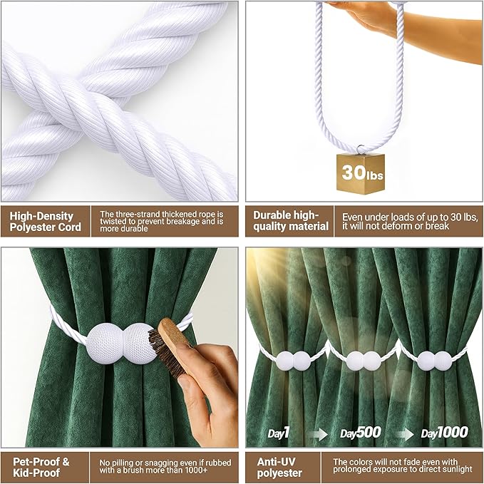 Hion Magnetic Curtain Tiebacks White 2pcs, Curtain Tiebacks Buckles Holdbacks Holders Hooks Clip for Home Bedroom Office Decorative Curtain