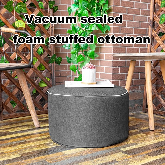 Outdoor Indoor Foam Stuffed Ottoman All Weather Waterproof Round Ottoman Footrest Stool D20x H12 Inches Boho Foot Rest for Patio Living Room Porch Outdoor Seating Garden Camping Dark Gray